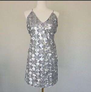 Lucy in Paris Silver Sequin Slip Mini Dress Open Back Glam Party NWT Medium